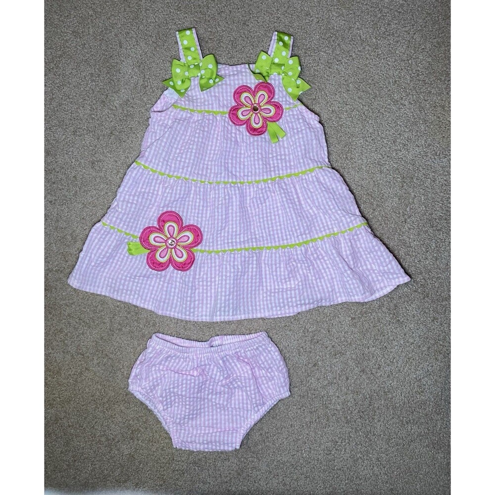 Rare Editions Pink Seersucker Gingham Flower Dress 18M